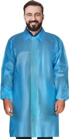 Disposable Lab Coats. Pack of 40 Blue Waterproof PE + PP 40 gsm Work Gowns X-Large; 41" Long. Protective Robes with Hook & Loop Fasteners; Collar; Ela