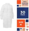 White Disposable Lab Coats for Adults Medium 42' Long; PPE Breathable Disposable Smocks Pack of 30; Splash Proof Unisex Disposable Scrubs with Folded