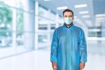 Disposable Lab Coats. Pack of 40 Blue Waterproof PE + PP 40 gsm Work Gowns X-Large; 41" Long. Protective Robes with Hook & Loop Fasteners; Collar; Ela